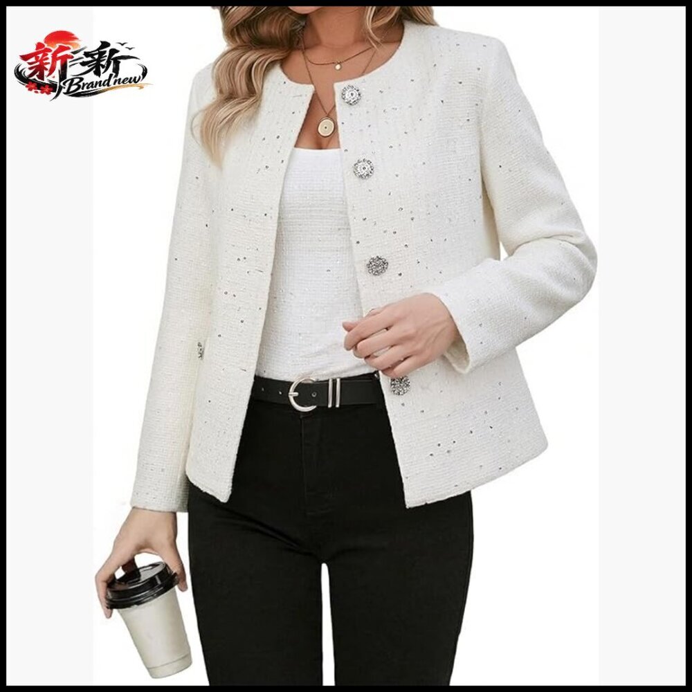 Short Tweed Blazer with Sparkle Round Neck Casual Jacket